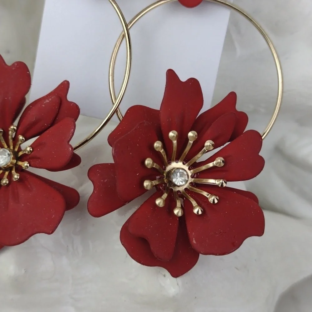 Red Flower Hoop Earrings bold red
